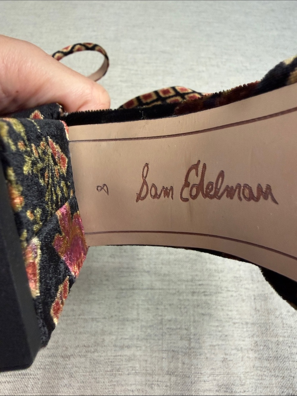 Sam Edelman Black Velvet Floral Ankle-Strap Block Heels - Picture 7 of 9